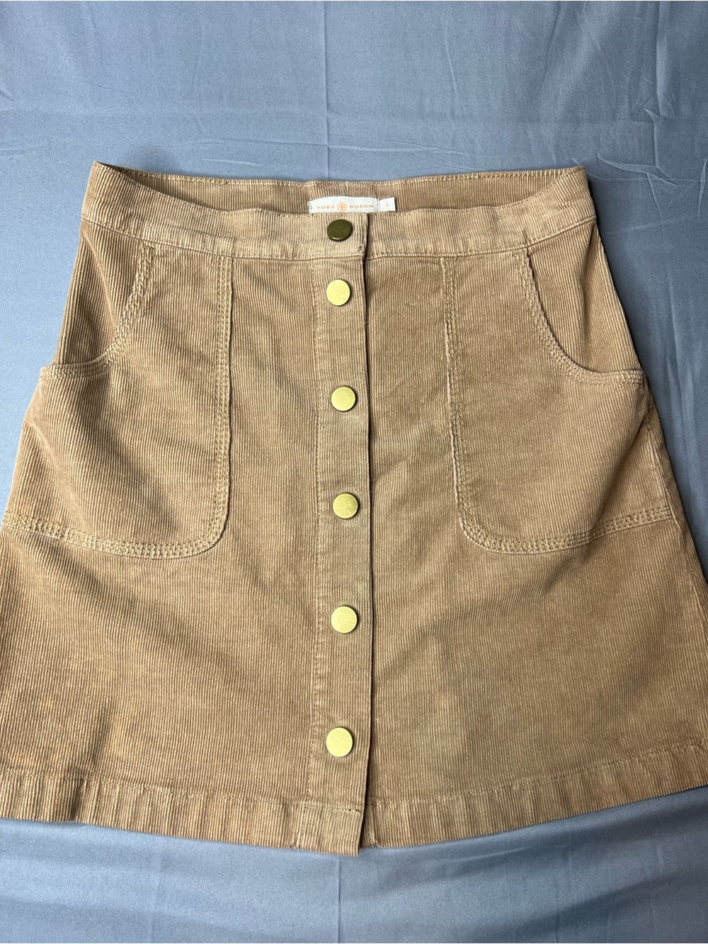 Tory Burch Lucitano Corduroy Skirt Beachwood Size 8 Brass Snap Front